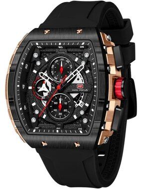 Men's Black Silicon Strap Quartz Chronograph Waterproof Luminous Tonneau Watch